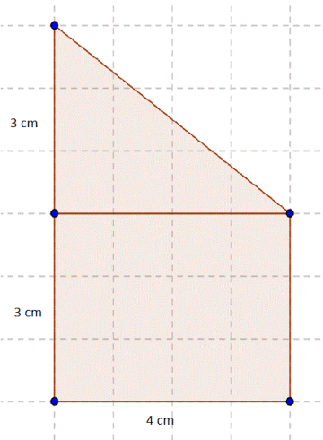 Figuren er et rektangel med sider 3 cm og 4 cm sammensatt med trekant med grunnlinje 4 cm og høyde 3cm.